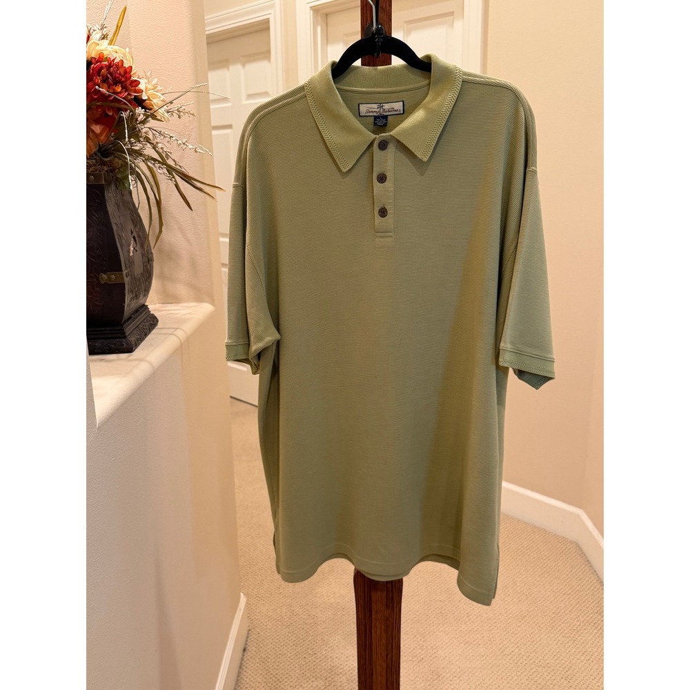 Tommy Bahama Mens Large Sage Green Silk Cotton Ribbed Short Sleeve Polo Shirt
